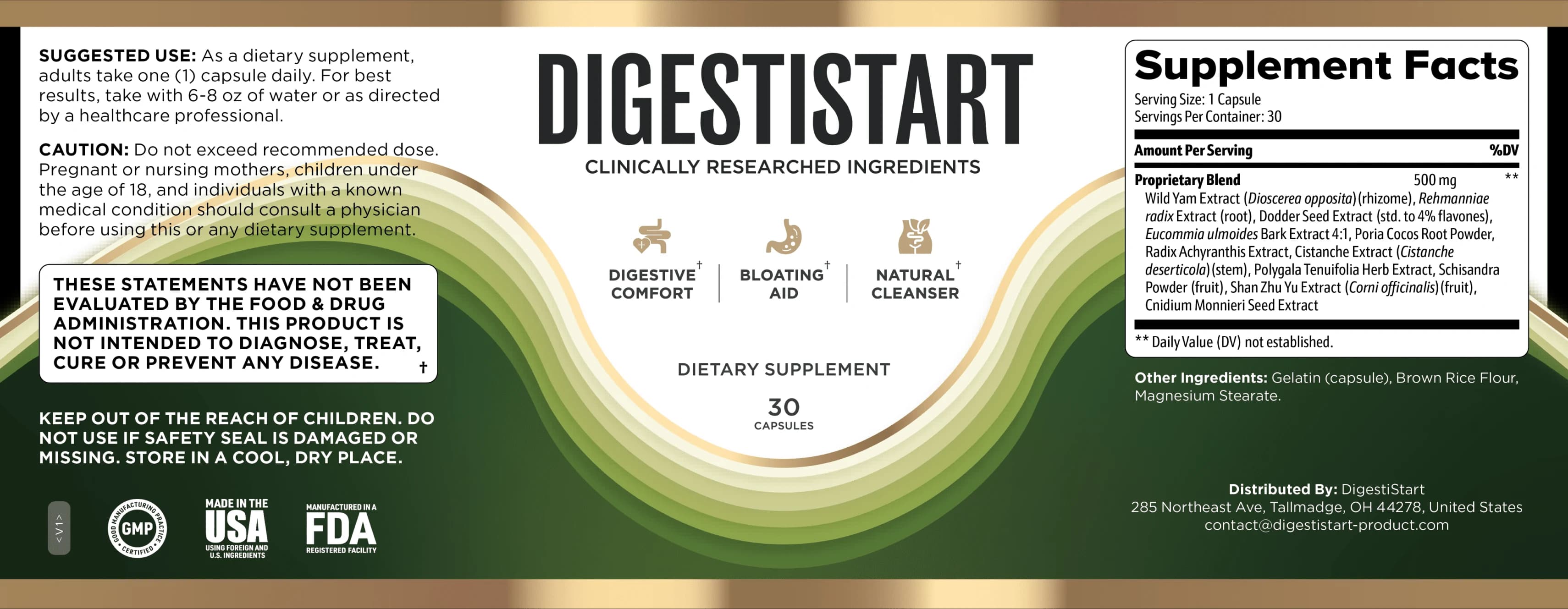 DigestiStart product label with suggested use, cautions and a Supplement Facts panel listing a 500 mg proprietary blend of 11 botanical ingredients per one-capsule serving