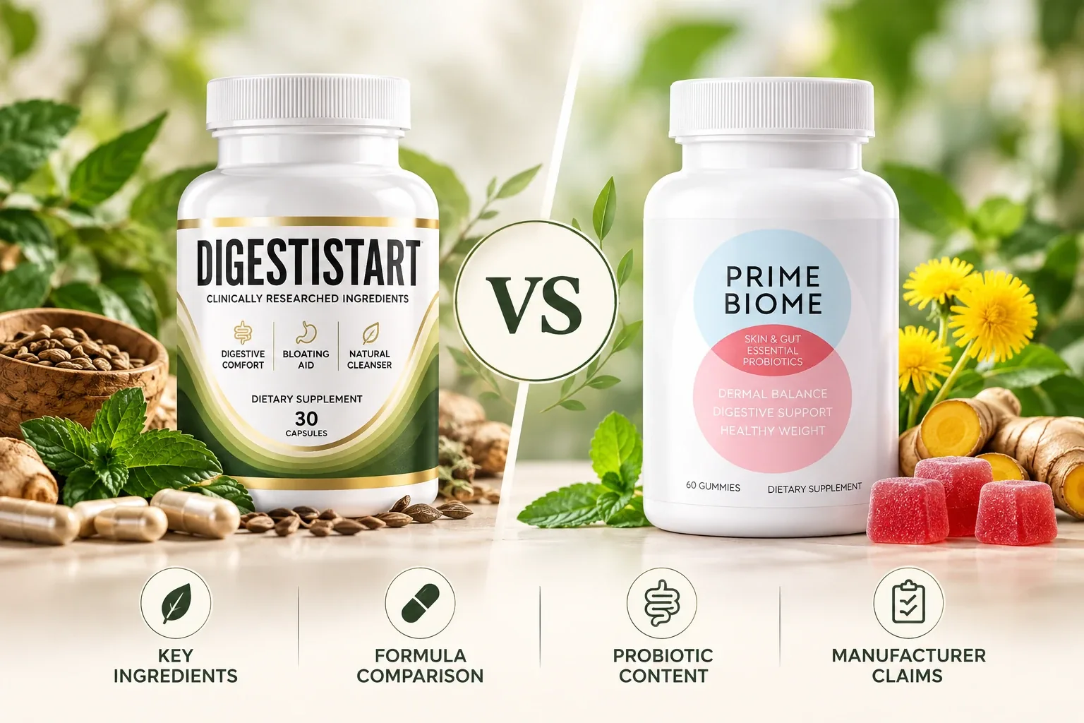 Illustrative composition of DigestiStart and PrimeBiome bottles side by side