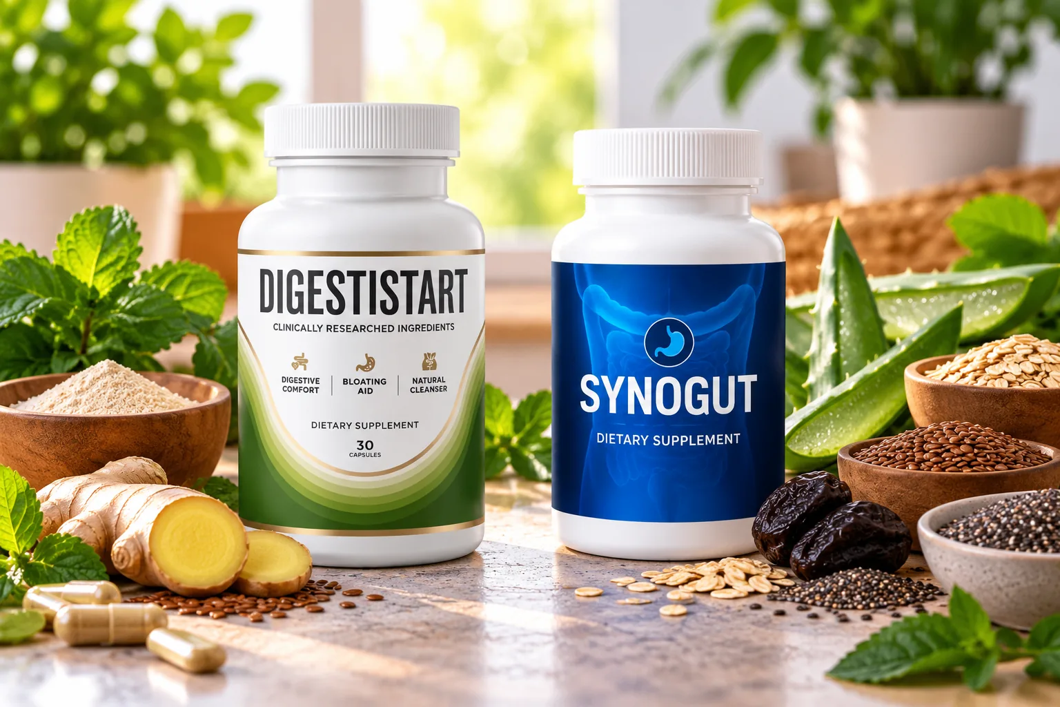 DigestiStart and SynoGut digestive supplement bottles shown side by side