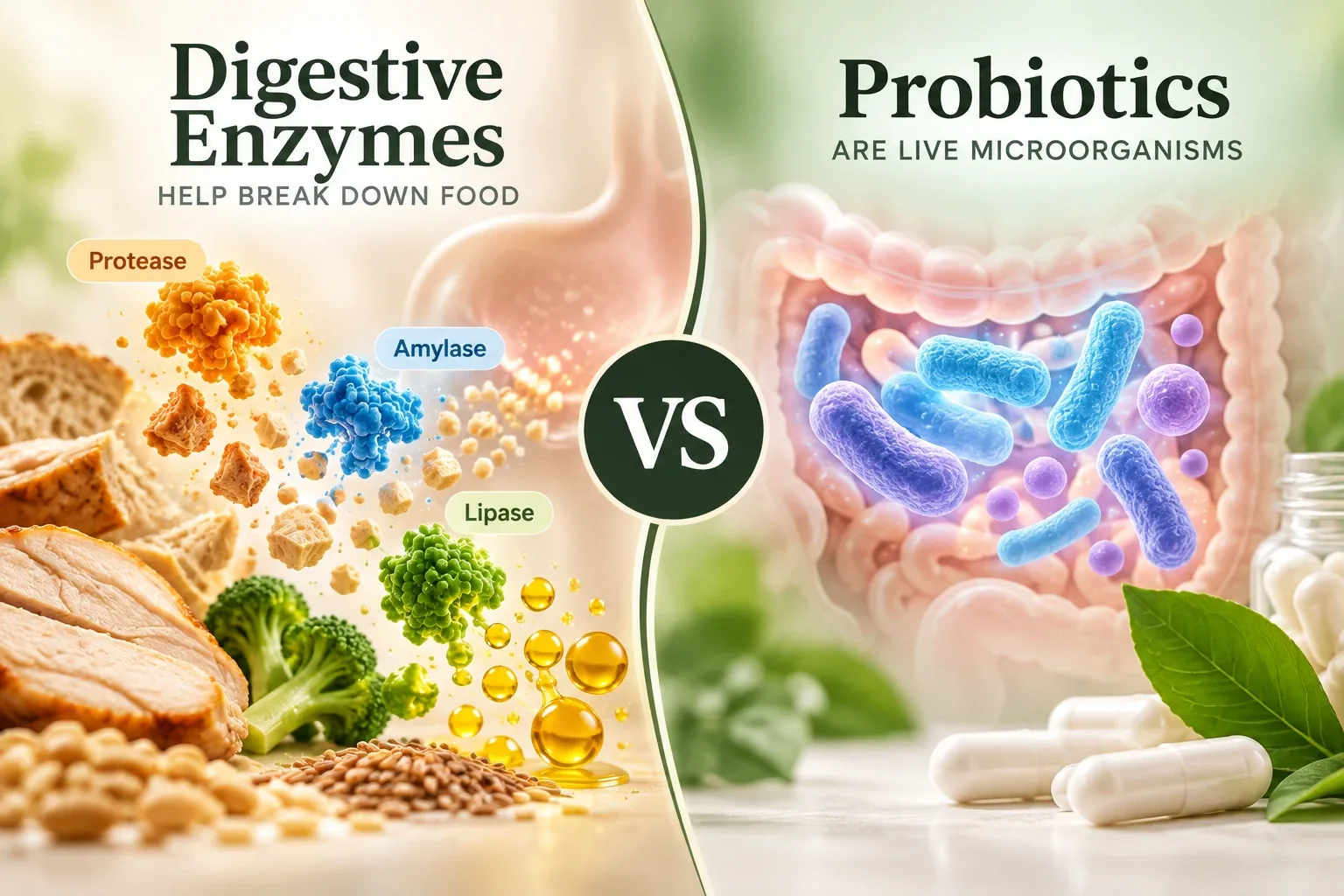 Illustration comparing digestive enzymes and probiotics