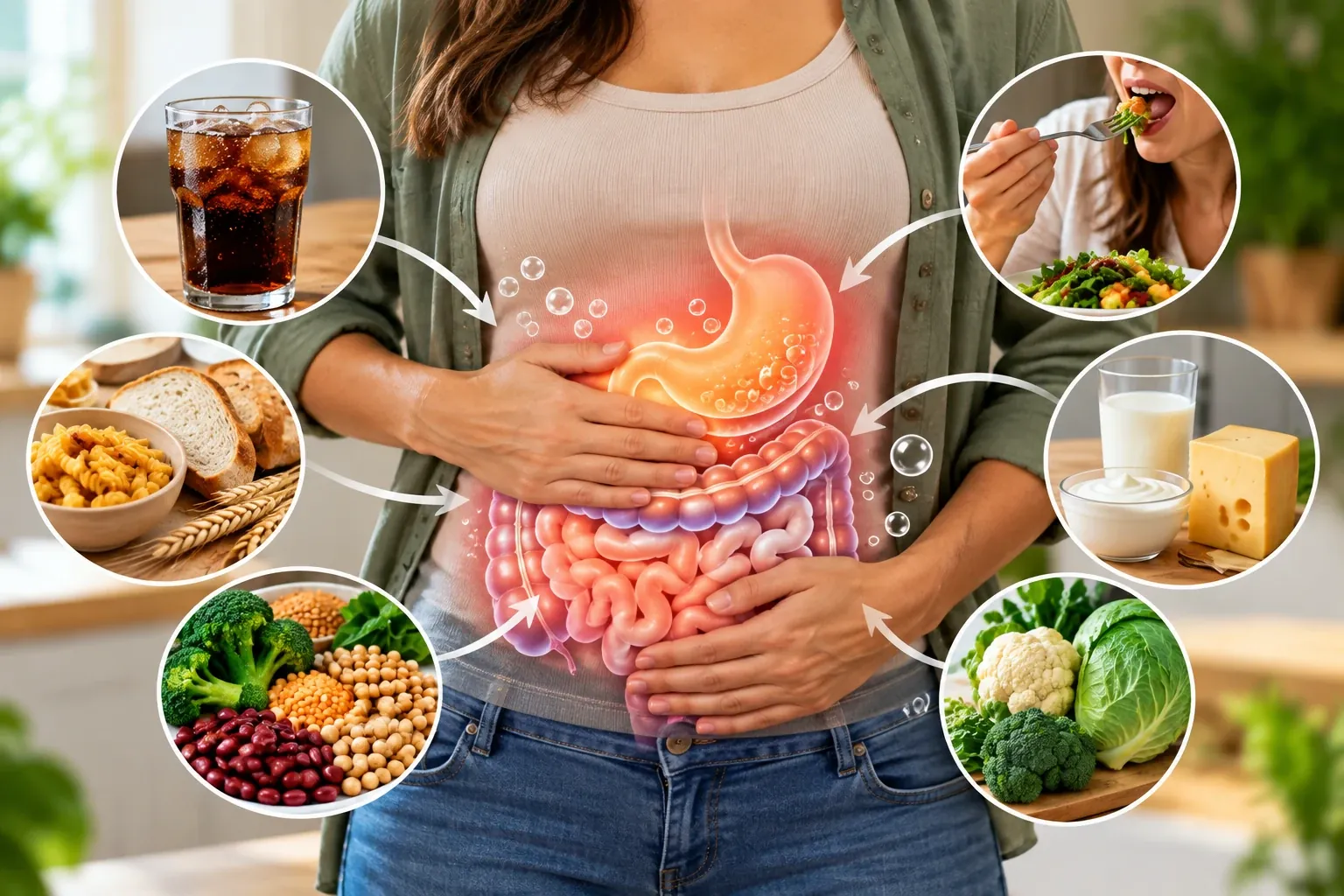 Illustration of digestive bloating with common food and eating factors