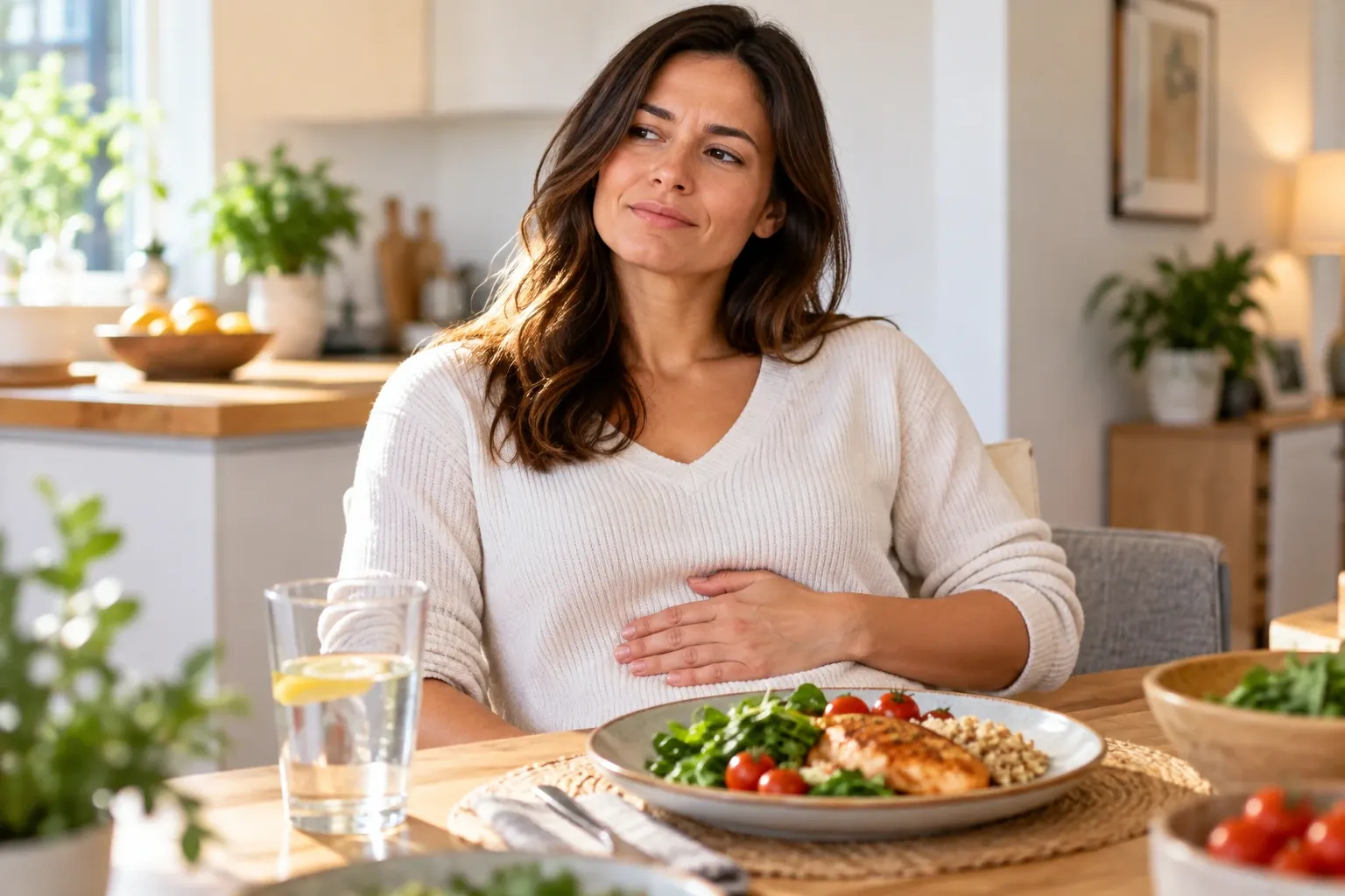 Woman experiencing mild abdominal discomfort after eating a meal
