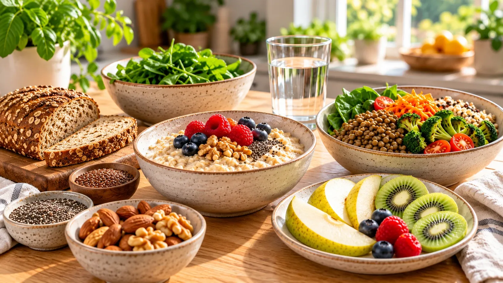 Balanced high-fiber foods and water on a kitchen table