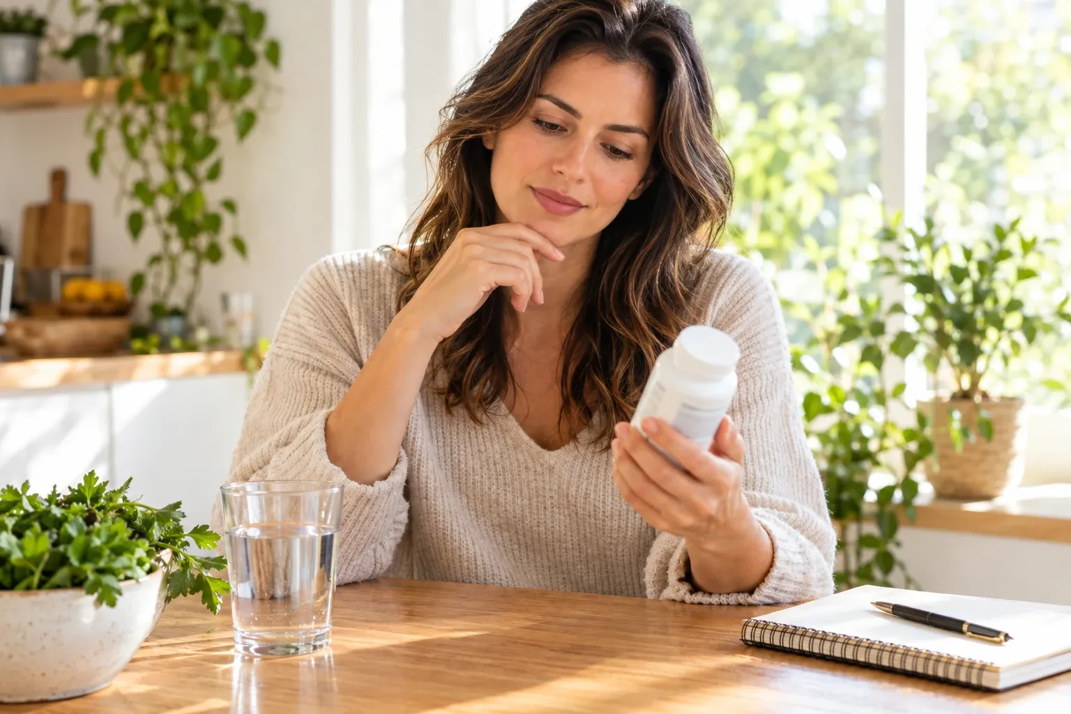 Woman at a kitchen table reading the label on the back of a plain supplement bottle, with a glass of water, fresh herbs and a notebook