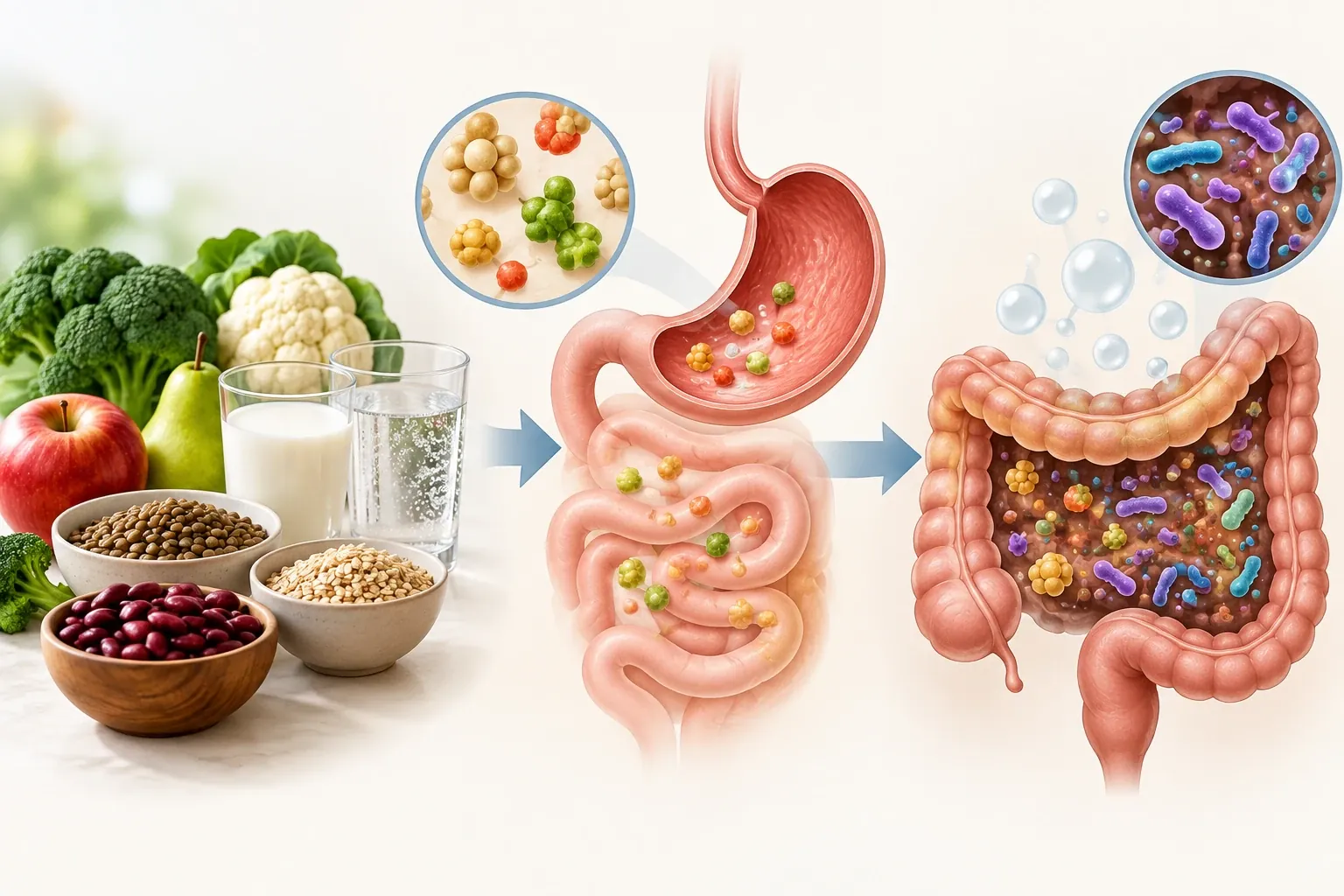 Illustration showing food moving through the digestive tract where gut bacteria may produce gas
