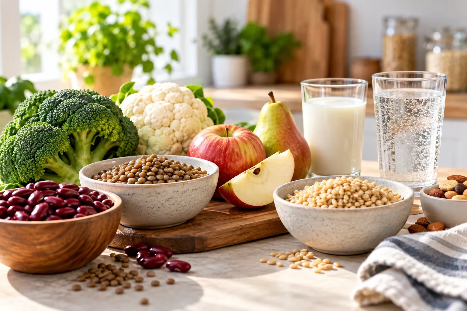 Broccoli, cauliflower, beans, lentils, fruit, whole grains, milk and sparkling water on a kitchen table