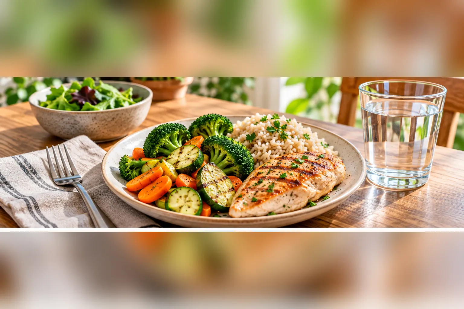 Balanced meal with vegetables, rice, lean protein and still water on a dining table