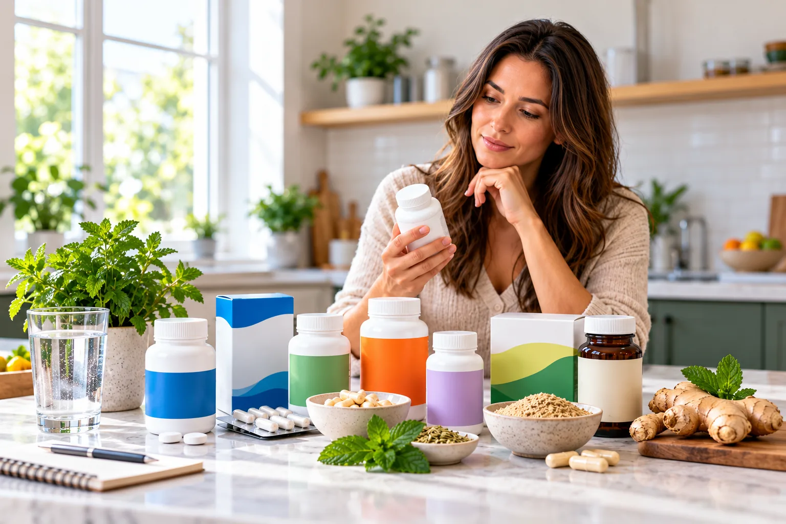 Woman comparing unbranded over-the-counter and digestive wellness products at home