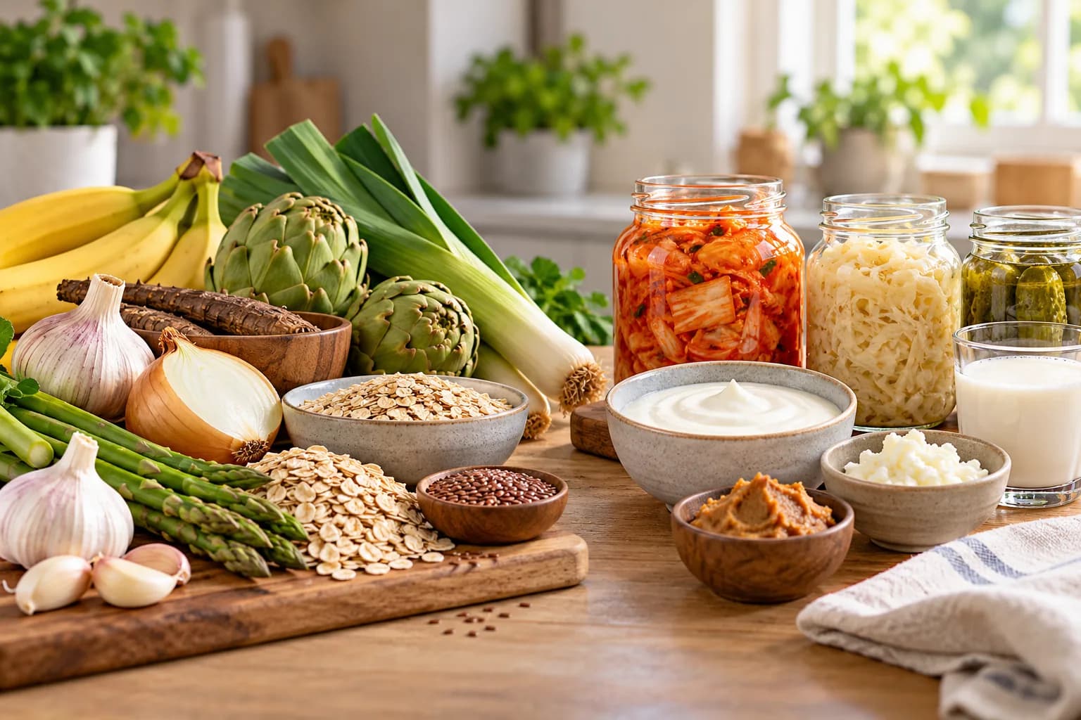 Fiber-rich foods and fermented foods arranged side by side on a kitchen table
