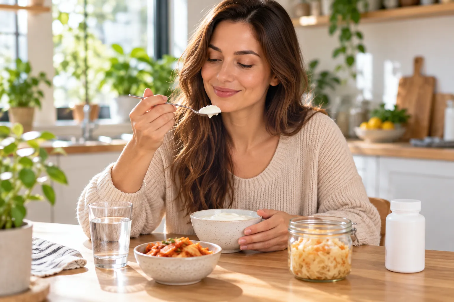 Woman eating yogurt at a kitchen table with fermented foods