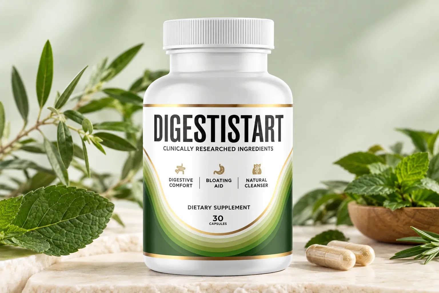 Illustrative image of a DigestiStart supplement bottle with capsules and green herbs