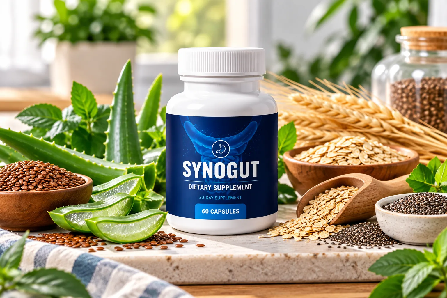 SynoGut supplement bottle displayed with plant and fiber ingredients