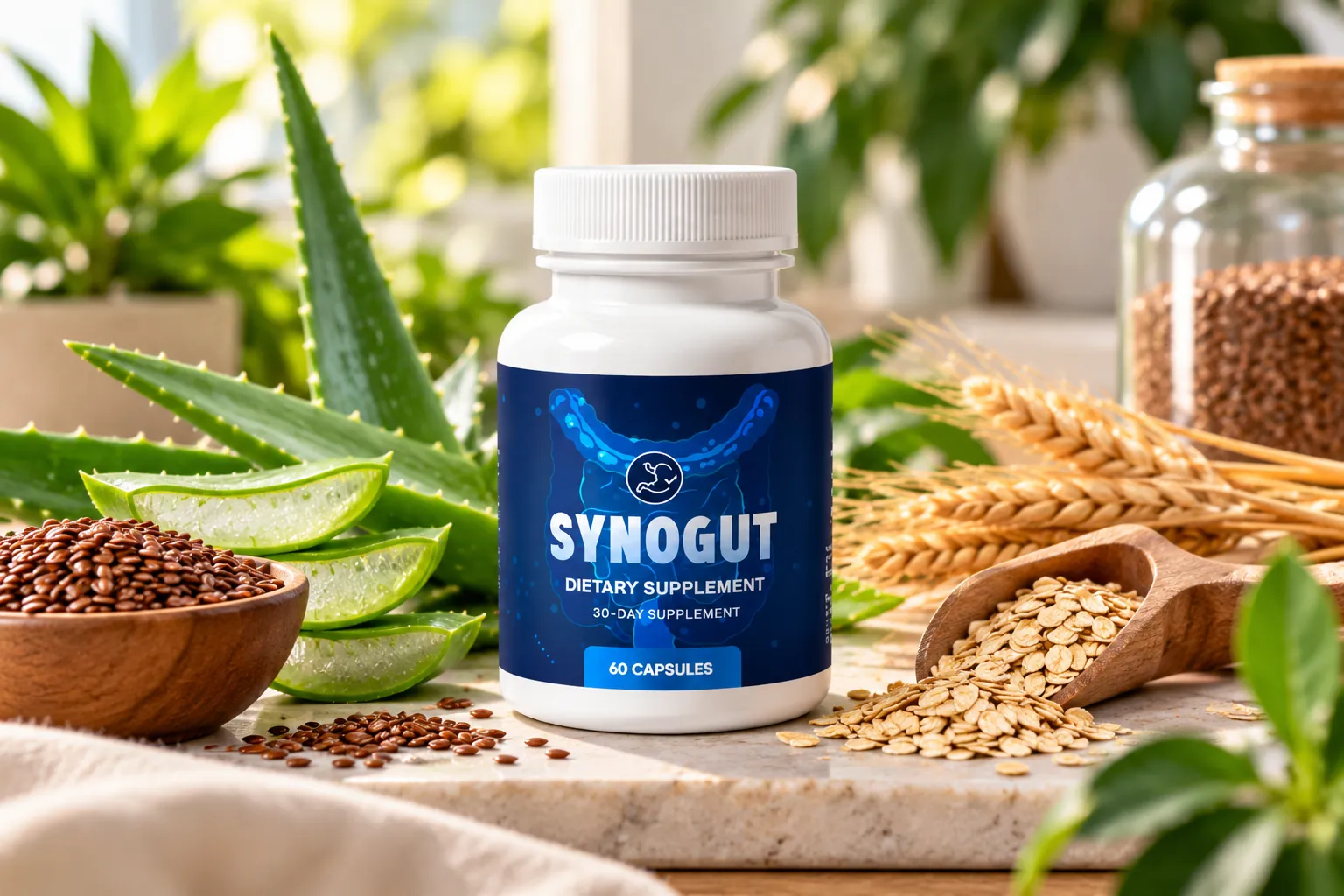 SynoGut supplement bottle displayed with botanical and fiber-rich ingredients